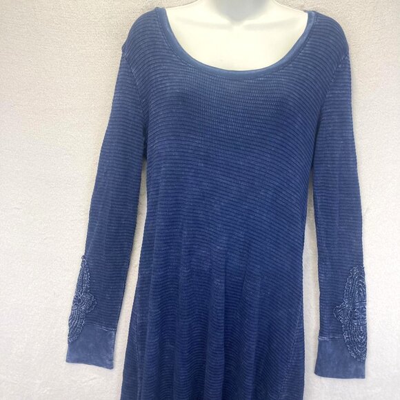 ABLE Waffle Knit Long Sleeve Dress Sz Medium Distressed Boho Anthropologie Blue - Picture 2 of 14